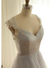 Light Gray Lace Organza Cut Out Back Unique Prom Dress